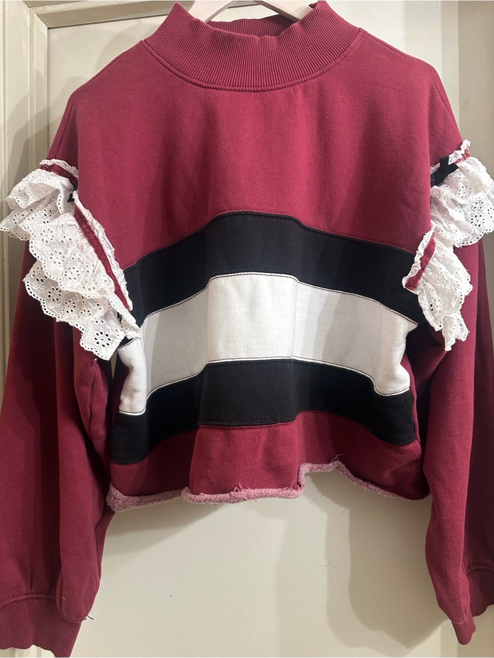 BDG Burgundy Black & White Colorblock Ruffle-Trim Sweatshirt